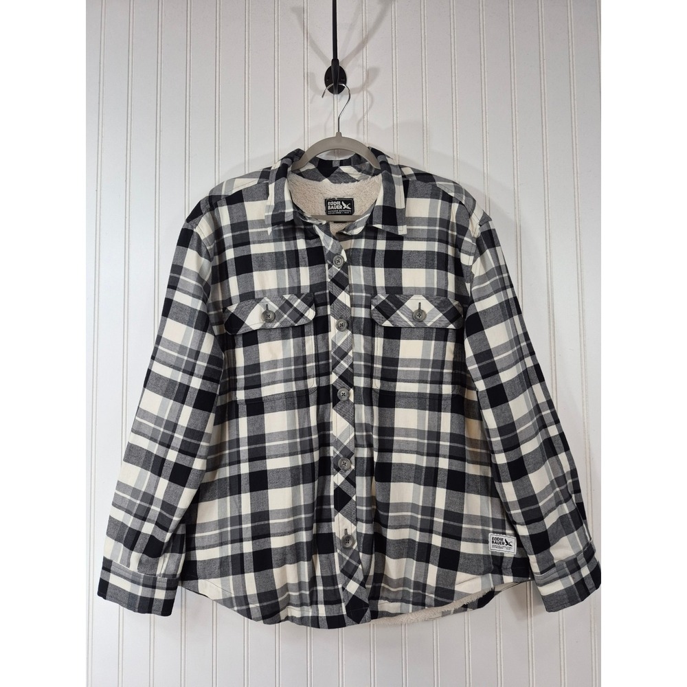 Eddie Bauer Women XL Black White Plaid Sherpa Lined Thick Flannel Shirt Jacket